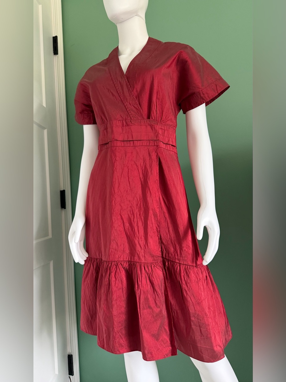 Calypso Christiene Celle Silk Red V-Neck Short Sleeve Tiered Dress